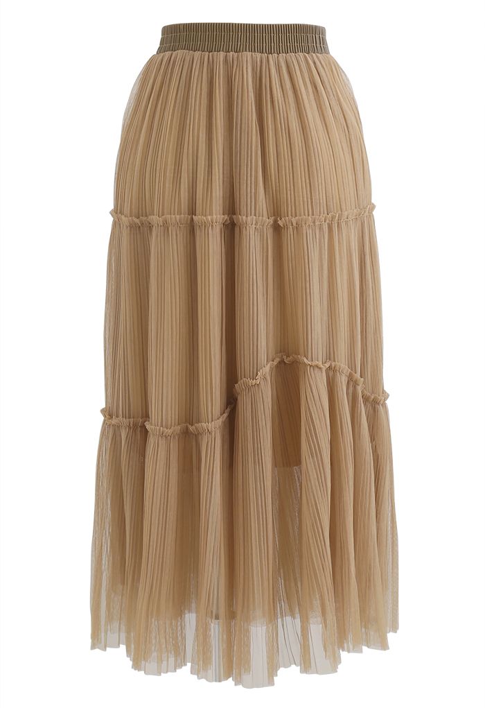 Soft Mesh Ruffle Detail Pleated Skirt in Light Tan - Retro, Indie and ...