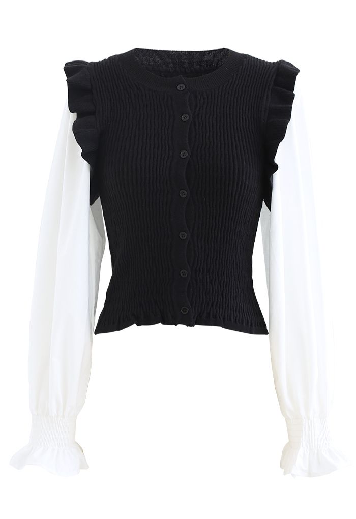 Buttoned Spliced Puff Sleeves Fitted Sweater in Black