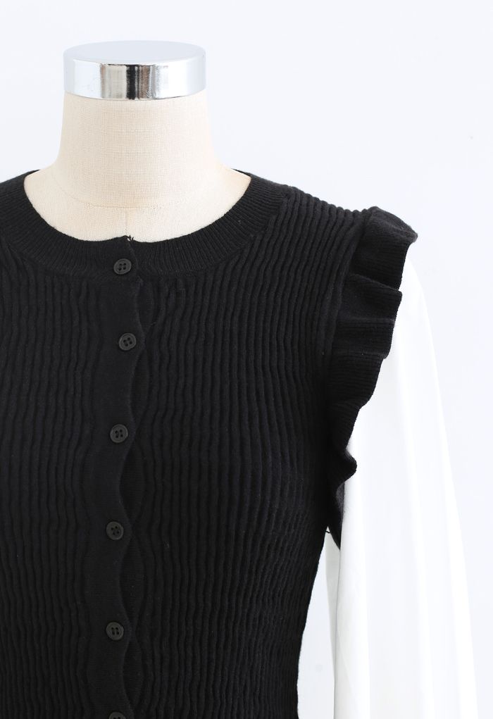 Buttoned Spliced Puff Sleeves Fitted Sweater in Black