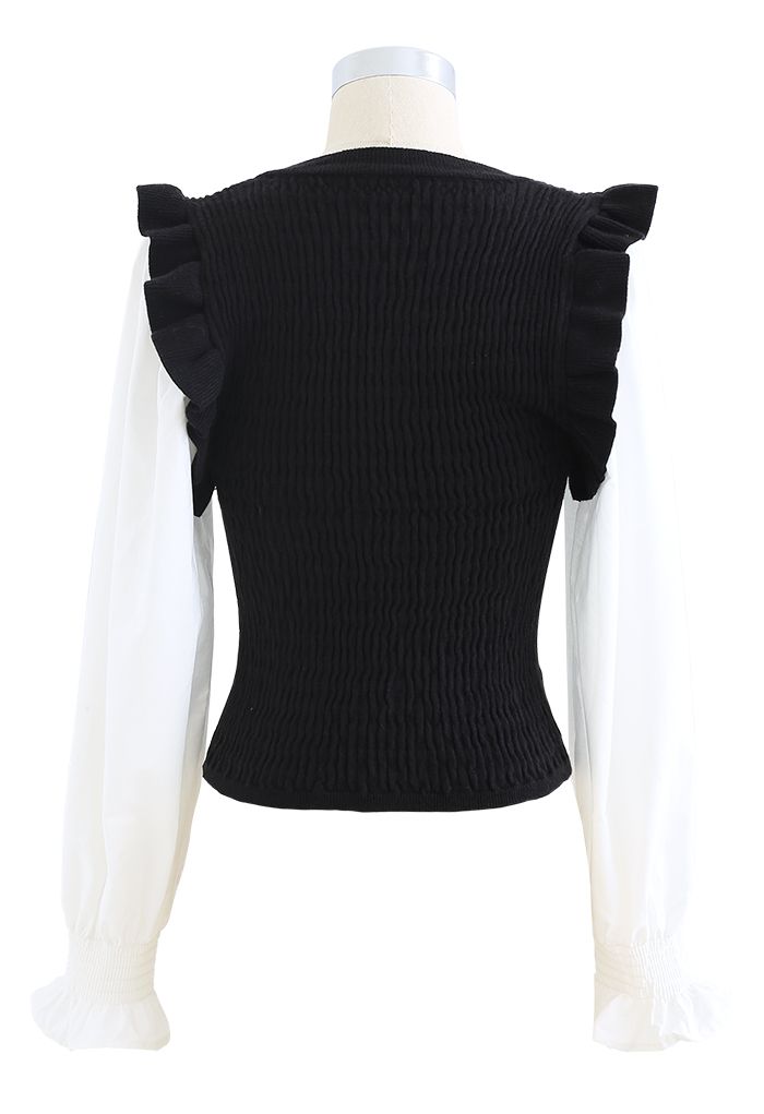 Buttoned Spliced Puff Sleeves Fitted Sweater in Black