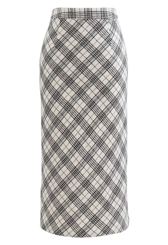Wool-Blend Check Slit Pencil Skirt in Ivory - Retro, Indie and Unique ...