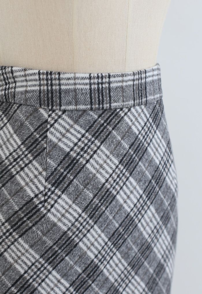 Wool-Blend Check Slit Pencil Skirt in Grey - Retro, Indie and Unique ...
