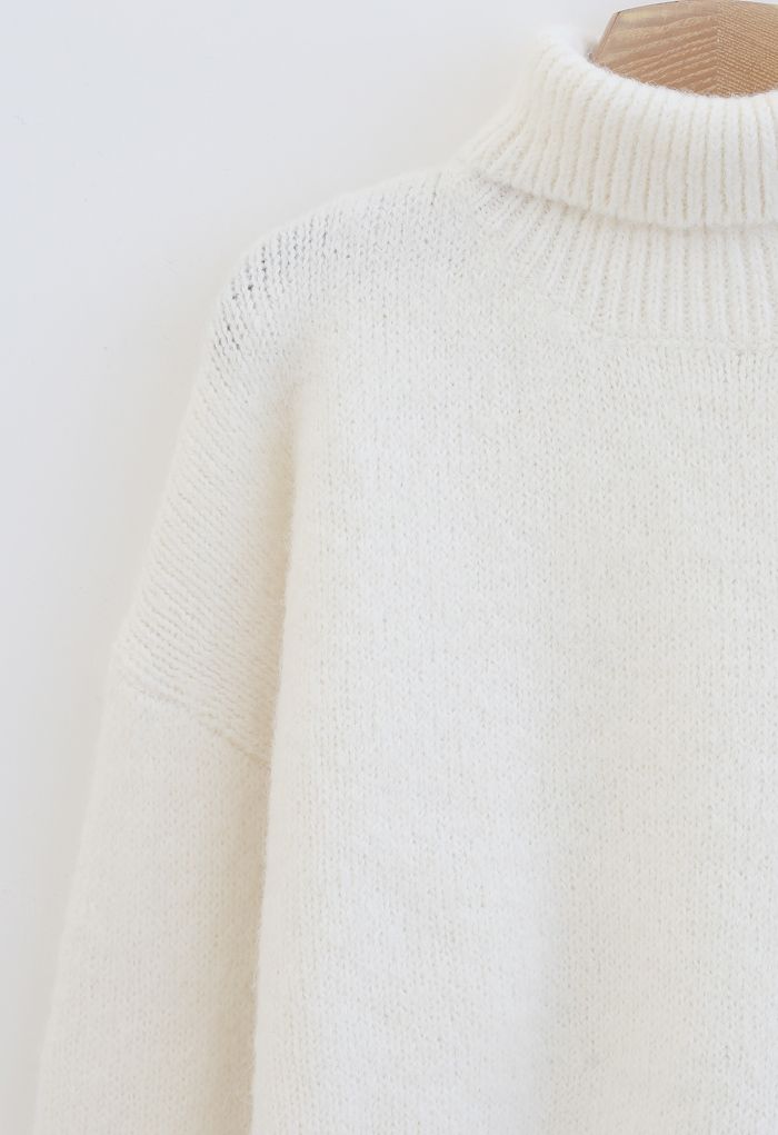 Chic Turtleneck Fuzzy Knit Sweater in White