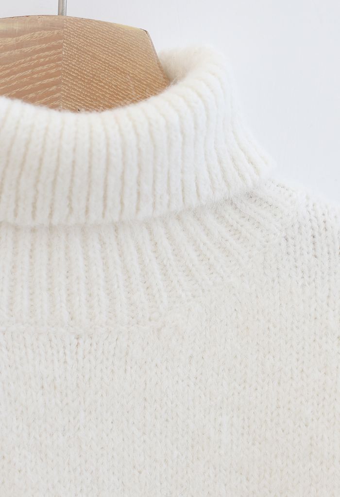 Chic Turtleneck Fuzzy Knit Sweater in White