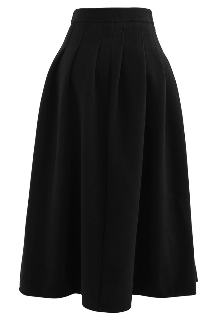 Pleated Wool-Blend Midi Skirt in Black - Retro, Indie and Unique Fashion