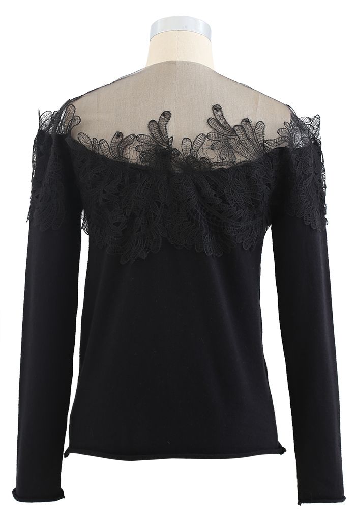 Fancy Embroidery Organza Neck Knit Top in Black - Retro, Indie and ...