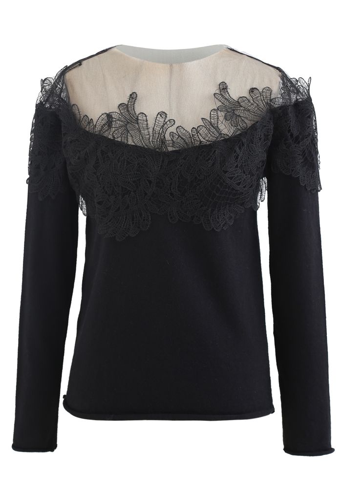 Fancy Embroidery Organza Neck Knit Top in Black - Retro, Indie and ...