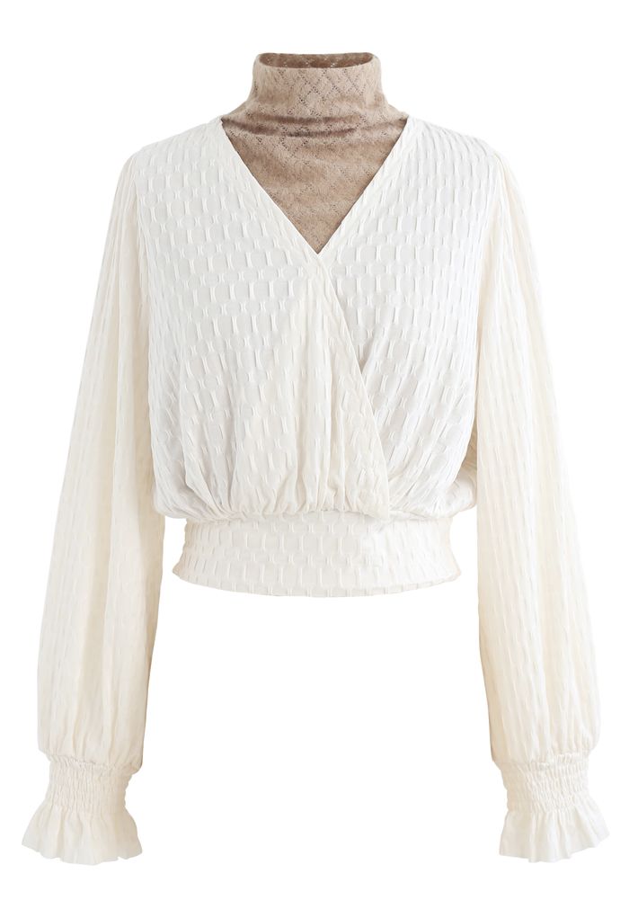 Lace Spliced Embossed Wrap Top in Cream