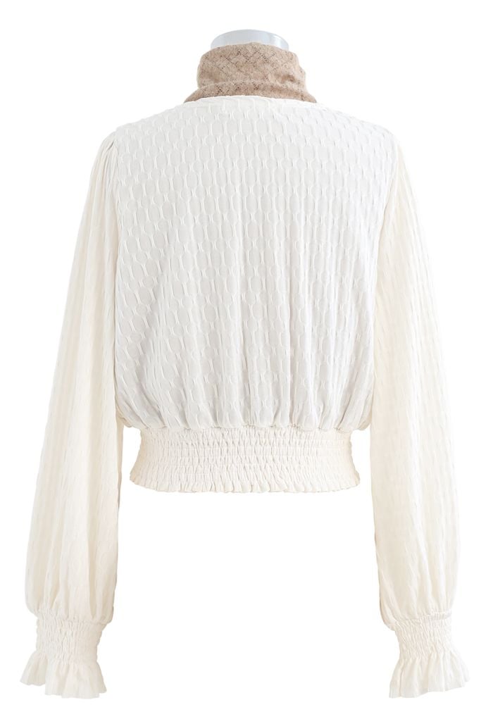 Lace Spliced Embossed Wrap Top in Cream