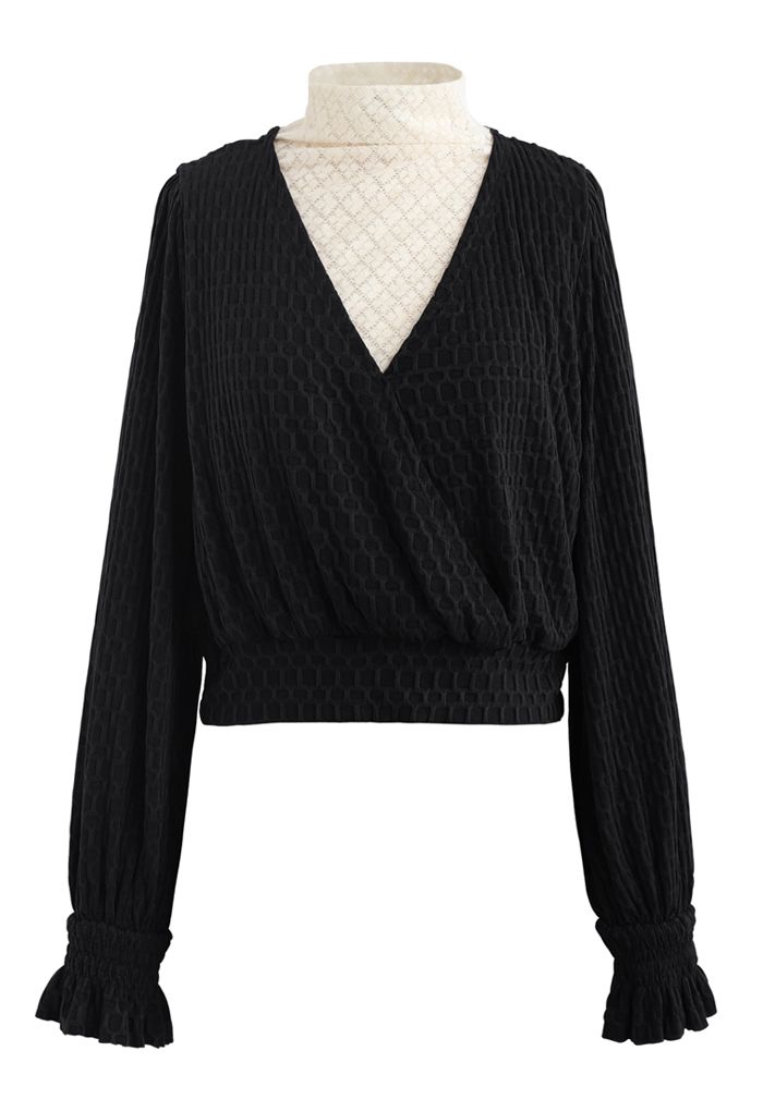 Lace Spliced Embossed Wrap Top in Black - Retro, Indie and Unique Fashion
