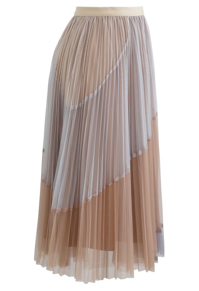 Multi Color Double-Layered Pleated Tulle Midi Skirt in Light Tan ...
