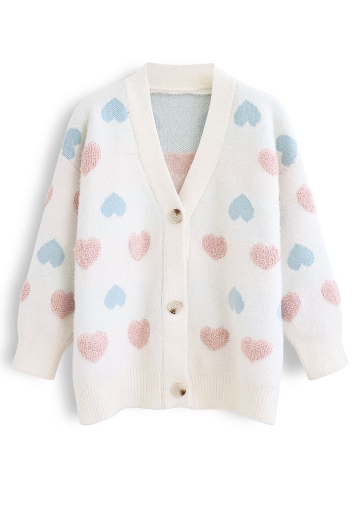Button Down Heart Fuzzy Knit Cardigan in Ivory - Retro, Indie and ...