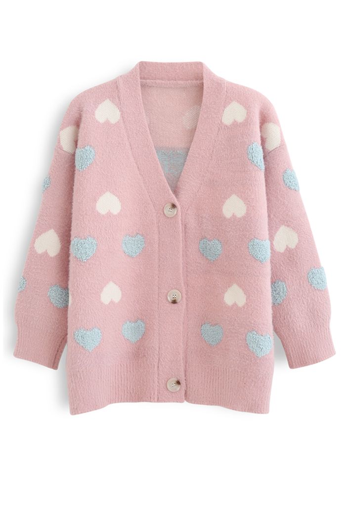 Button Down Heart Fuzzy Knit Cardigan in Pink - Retro, Indie and Unique ...
