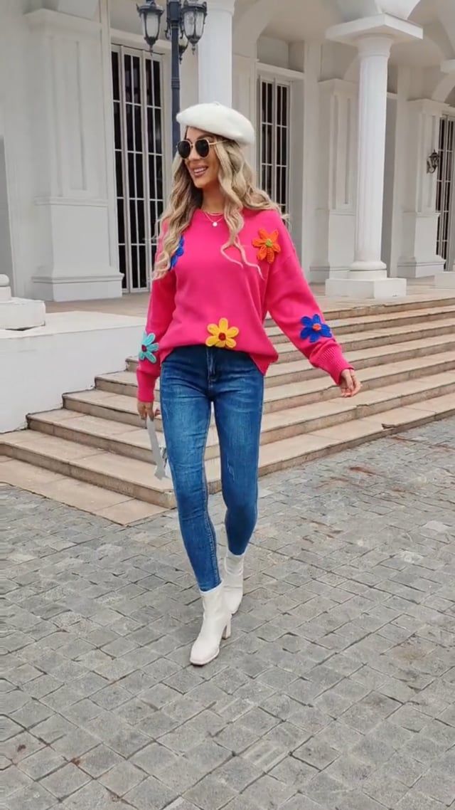 Colorful 3D Stitch Flower Knit Sweater in Hot Pink