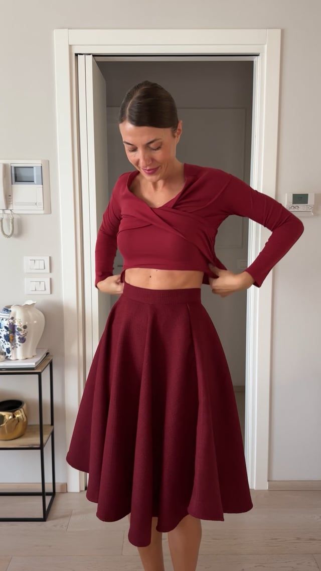 Autumn Edit Tweed Flare Midi Skirt in Burgundy