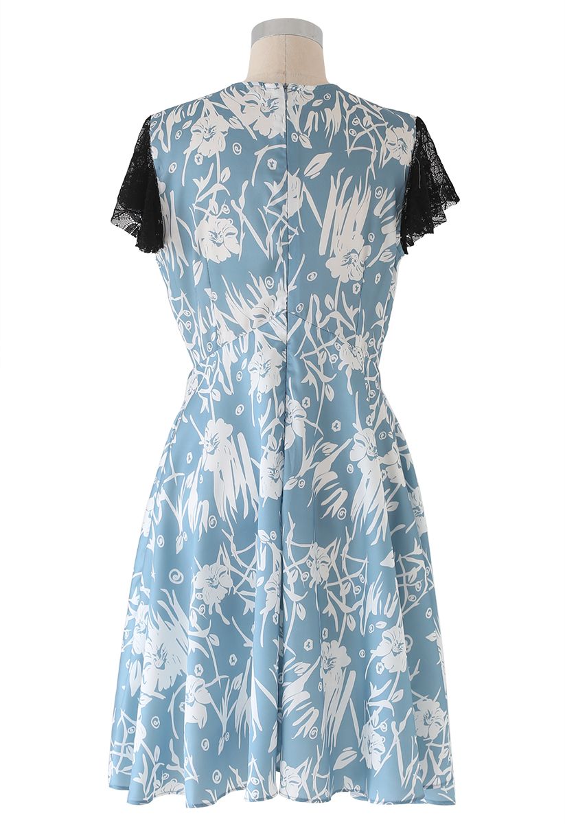Lace Trim Flare Midi Dress in Blue - Retro, Indie and Unique Fashion