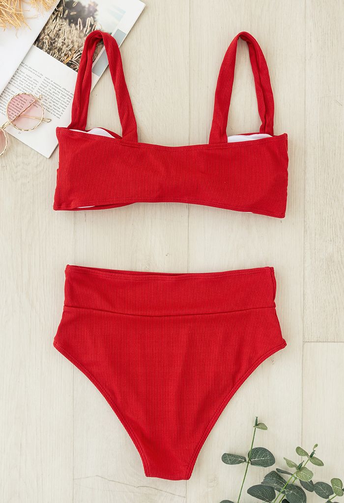 Twisted Knot Front Ribbed Bikini Set in Red