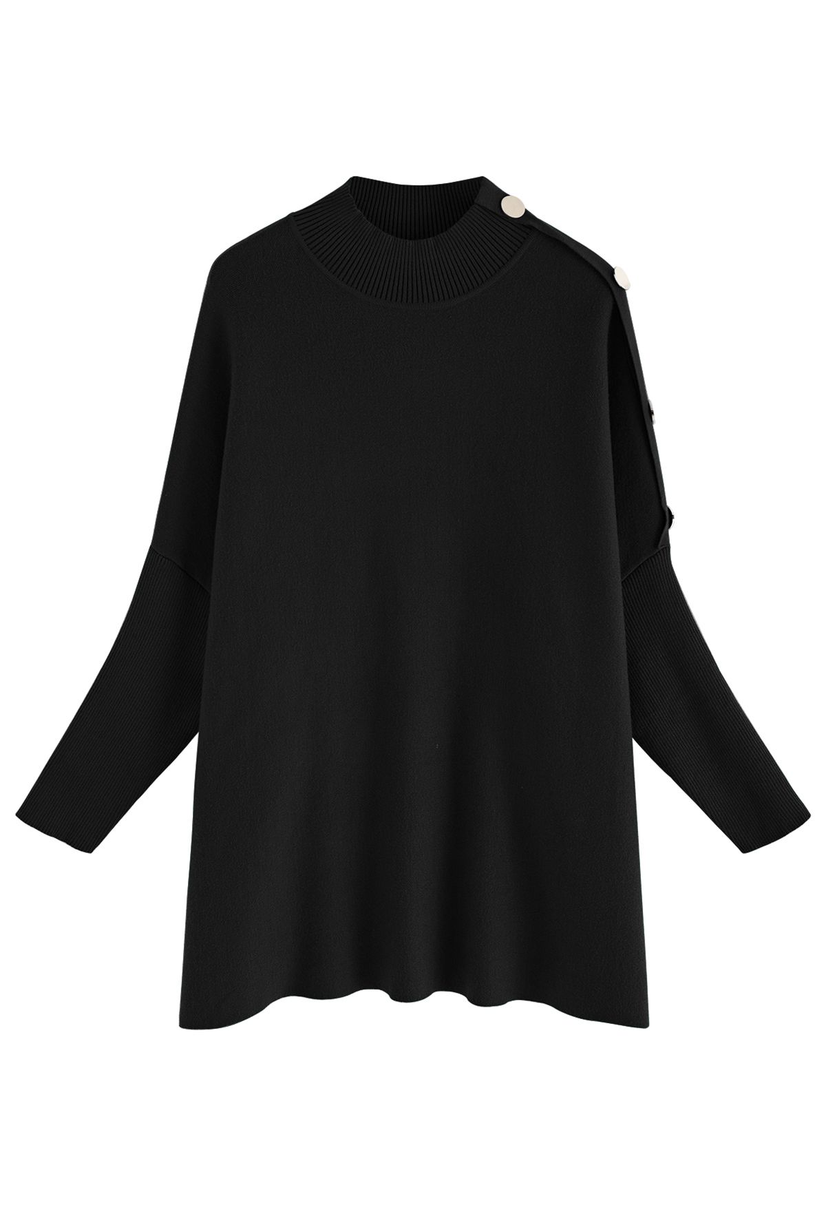 Side Buttoned Flap High Neck Knit Poncho in Black