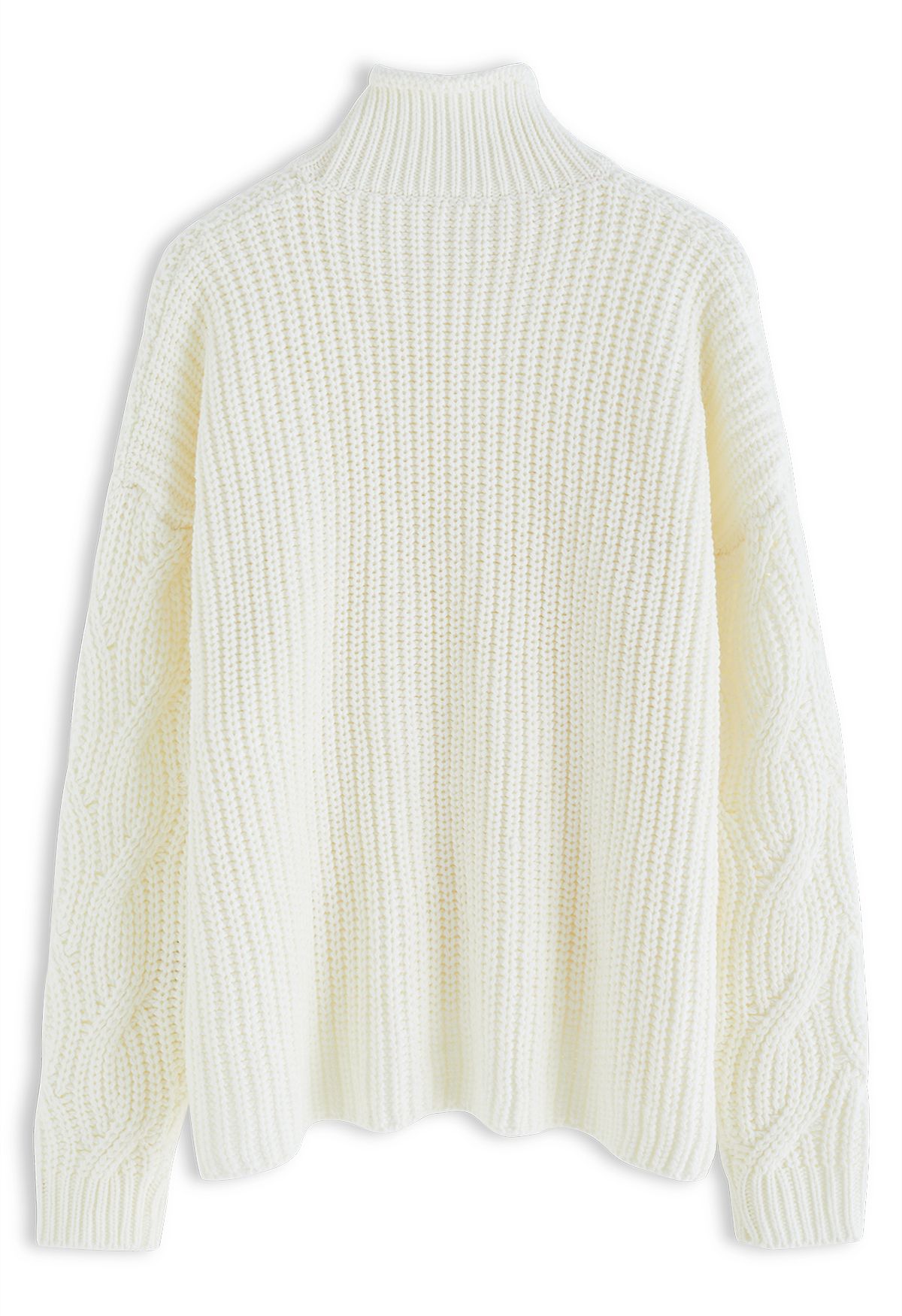 High Neck Hi-Lo Braided Chunky Knit Sweater in Ivory