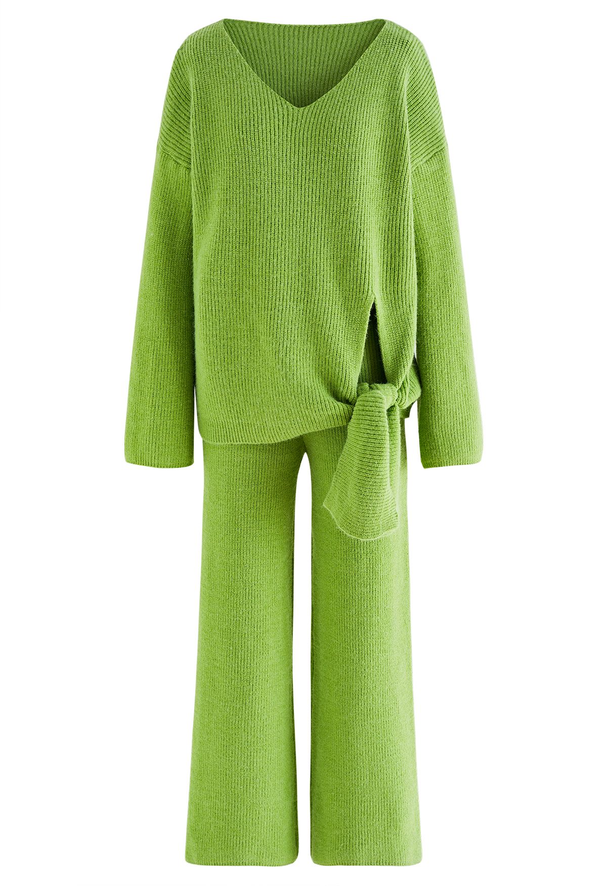 Side Knot Sweater and Straight Leg Pants Knit Set in Green