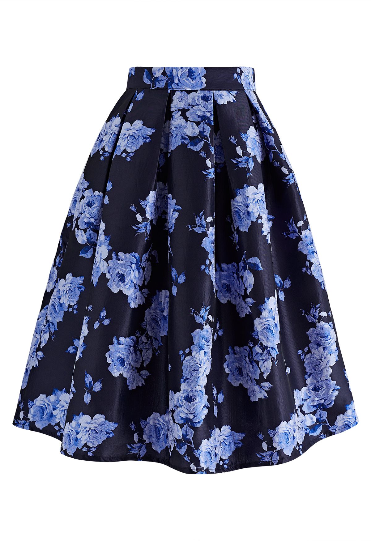 Midnight Blossom Blue Peony Jacquard Pleated Midi Skirt - Retro, Indie ...