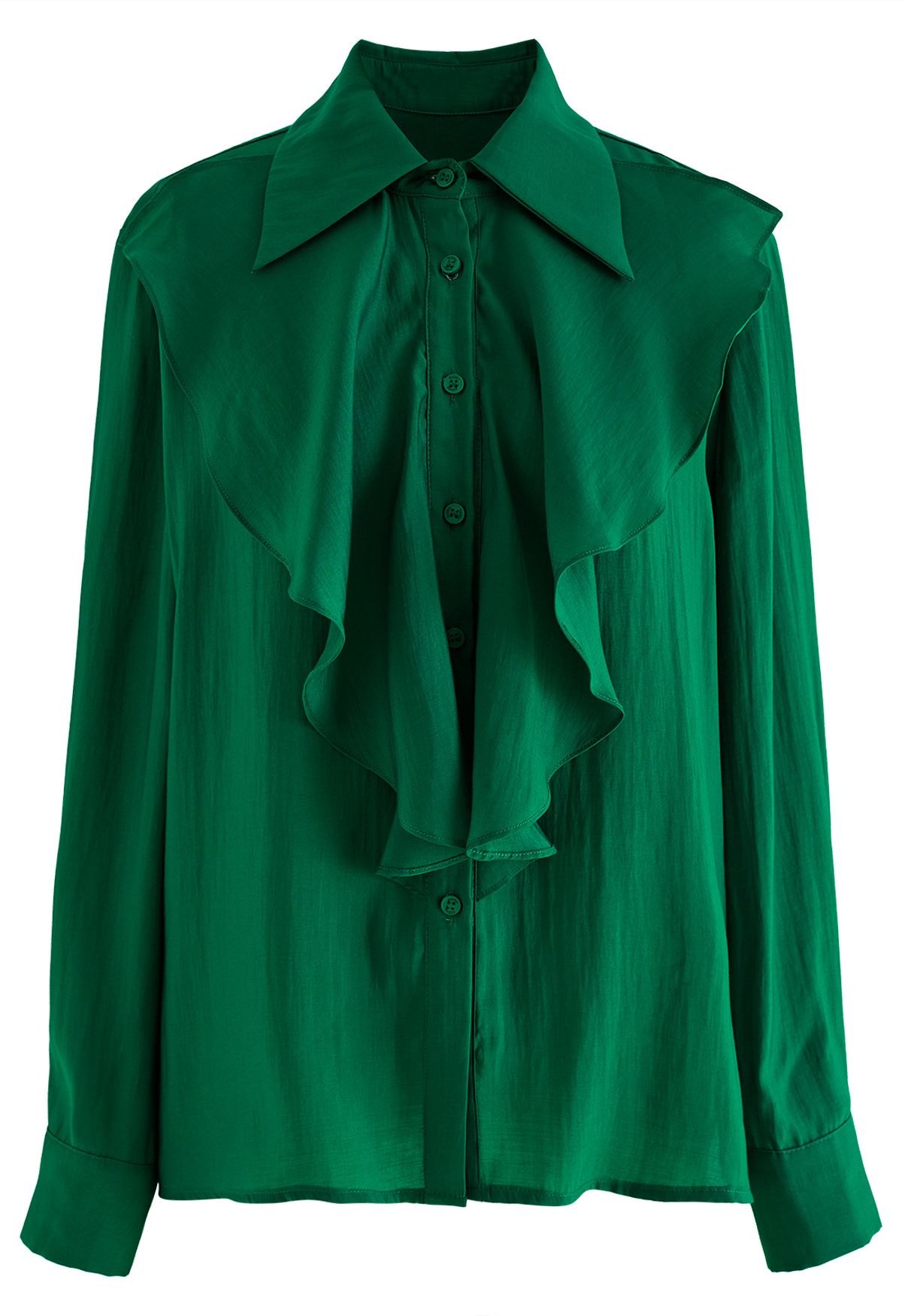 Side Vent Button Down Ruffle Shirt in Emerald