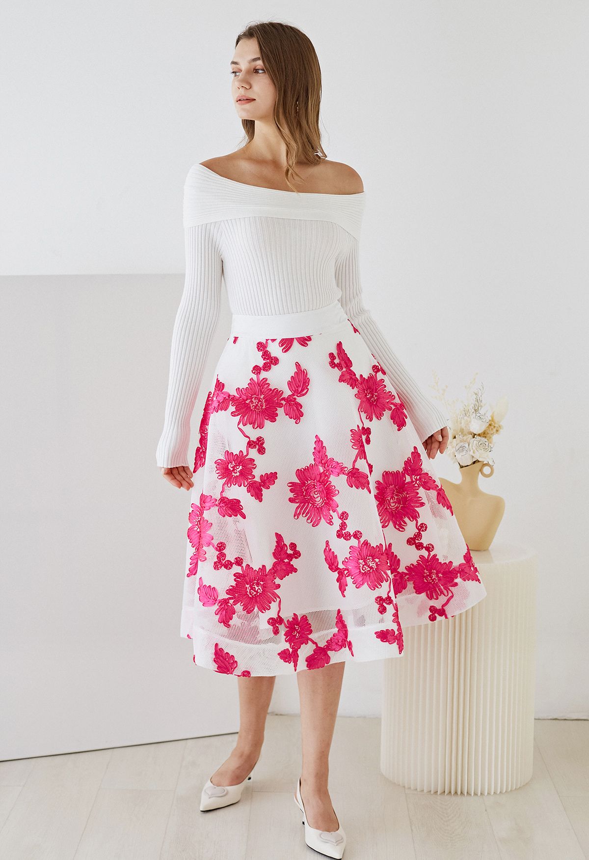 Sunflower Airy Honeycomb Flare Midi Skirt in White