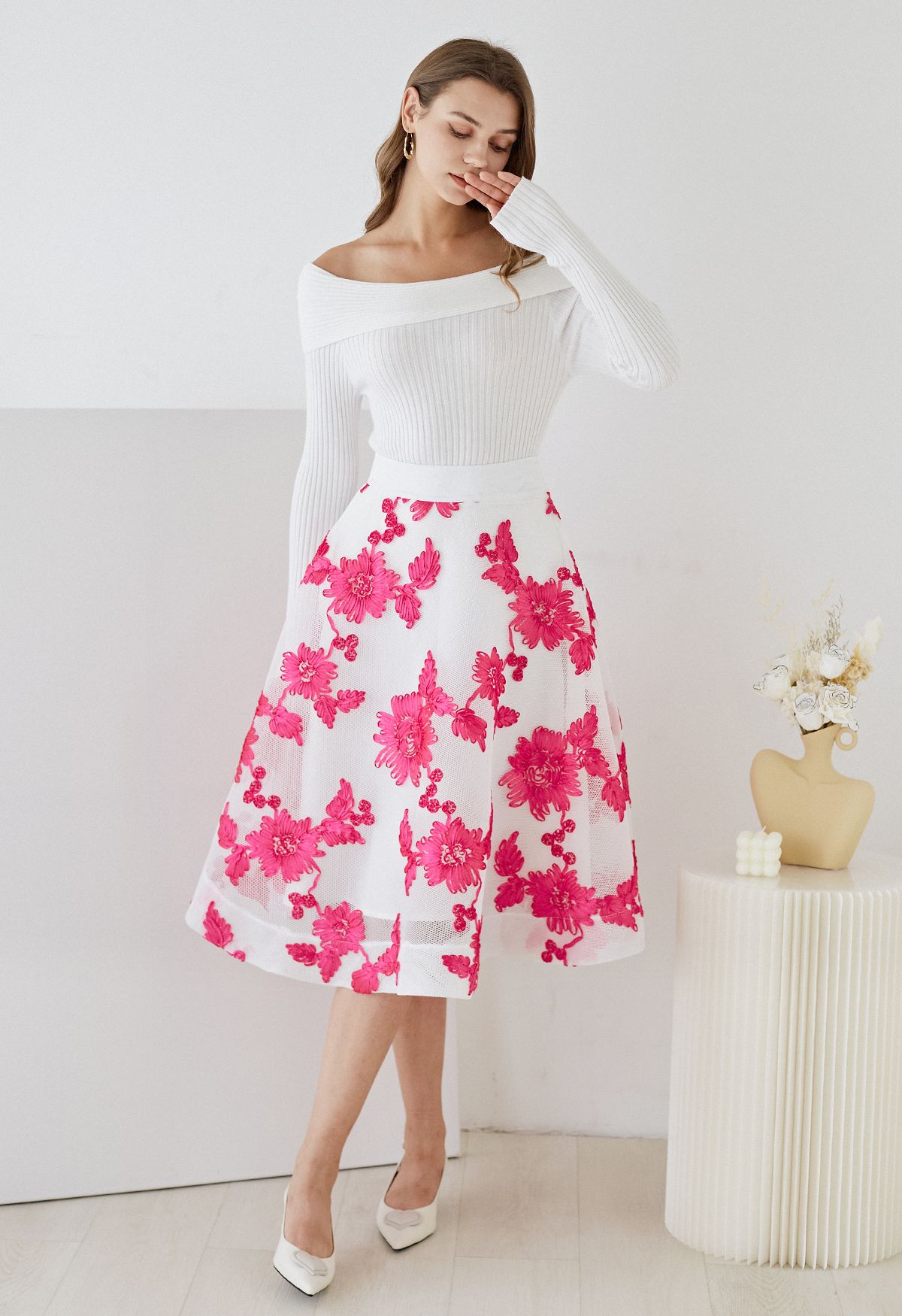 Sunflower Airy Honeycomb Flare Midi Skirt in White