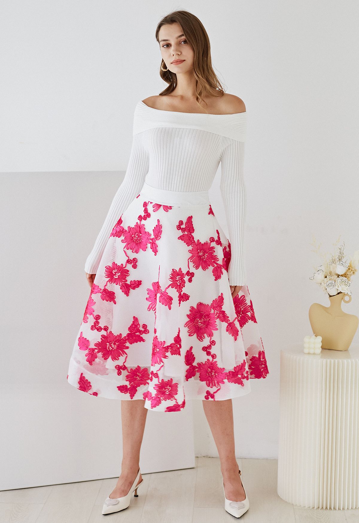 Sunflower Airy Honeycomb Flare Midi Skirt in White