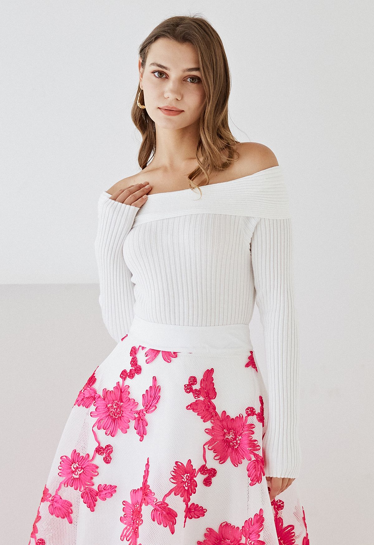 Courtly Off-Shoulder Crop Knit Top in White