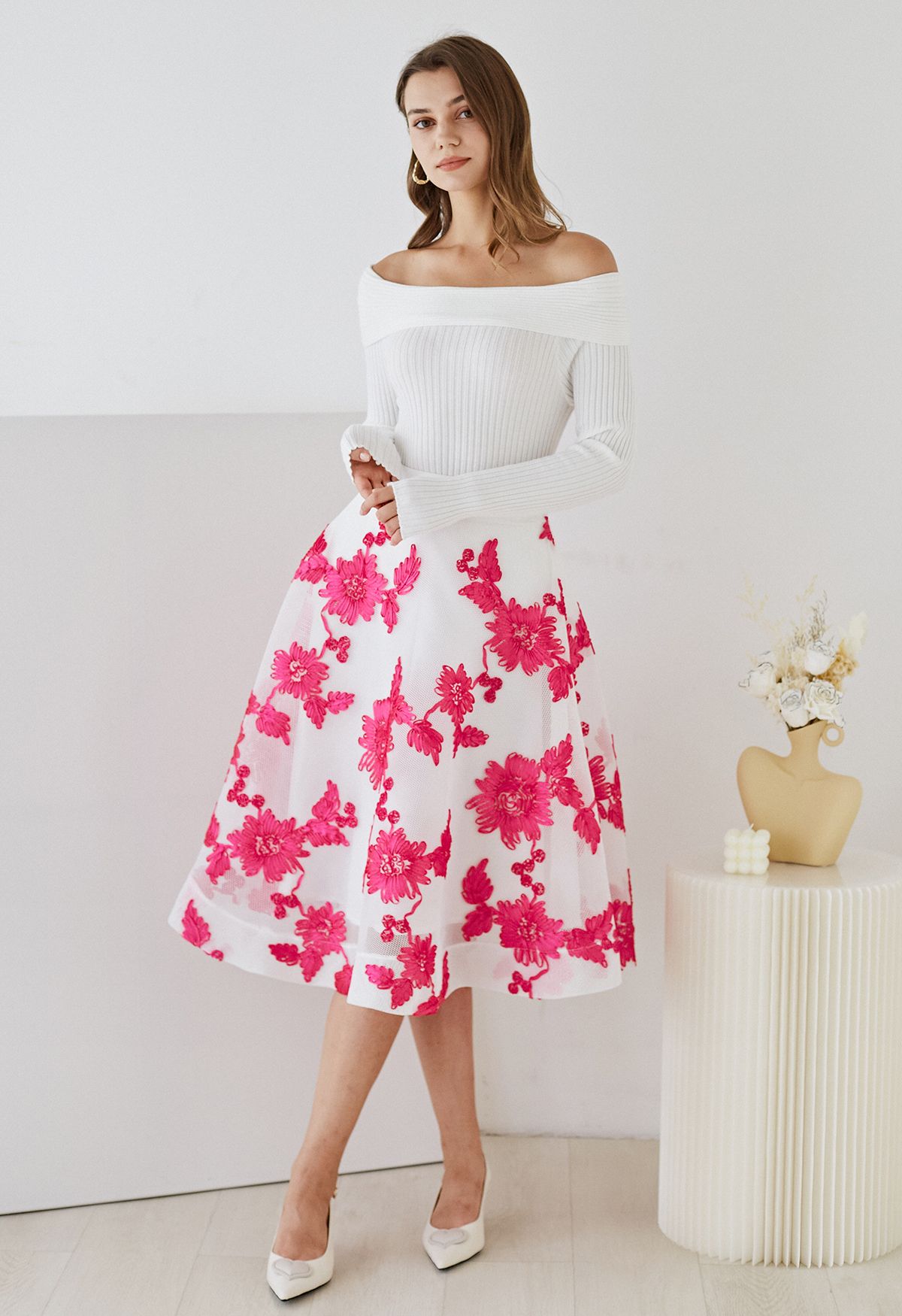 Sunflower Airy Honeycomb Flare Midi Skirt in White