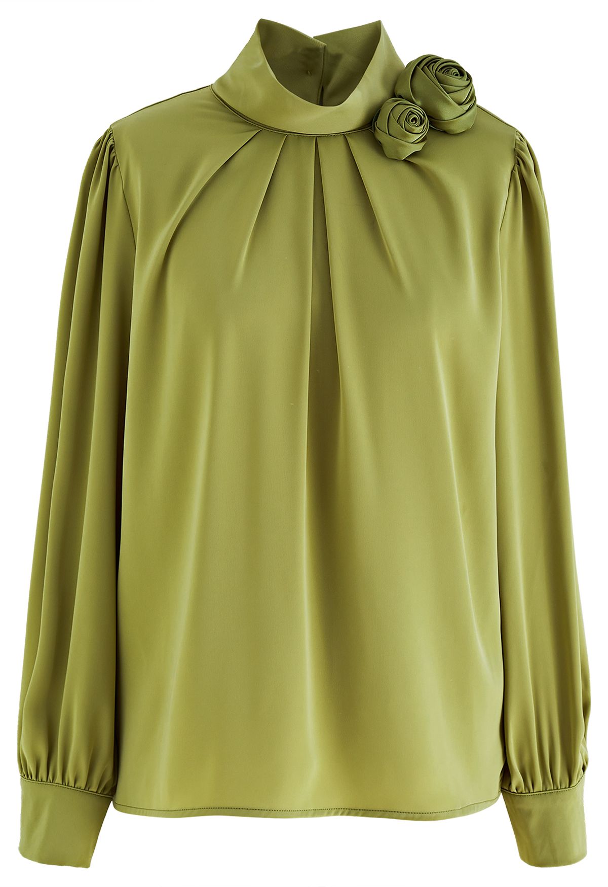 Rose Brooch Mock Neck Satin Shirt in Pistachio