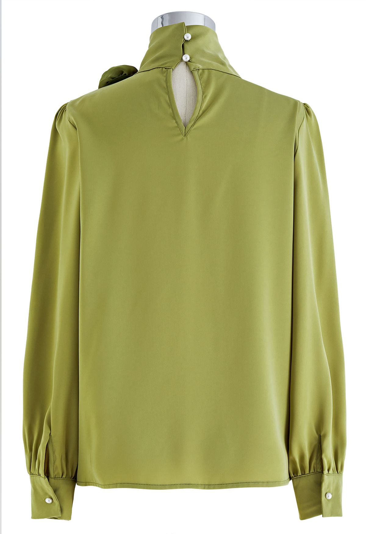 Rose Brooch Mock Neck Satin Shirt in Pistachio