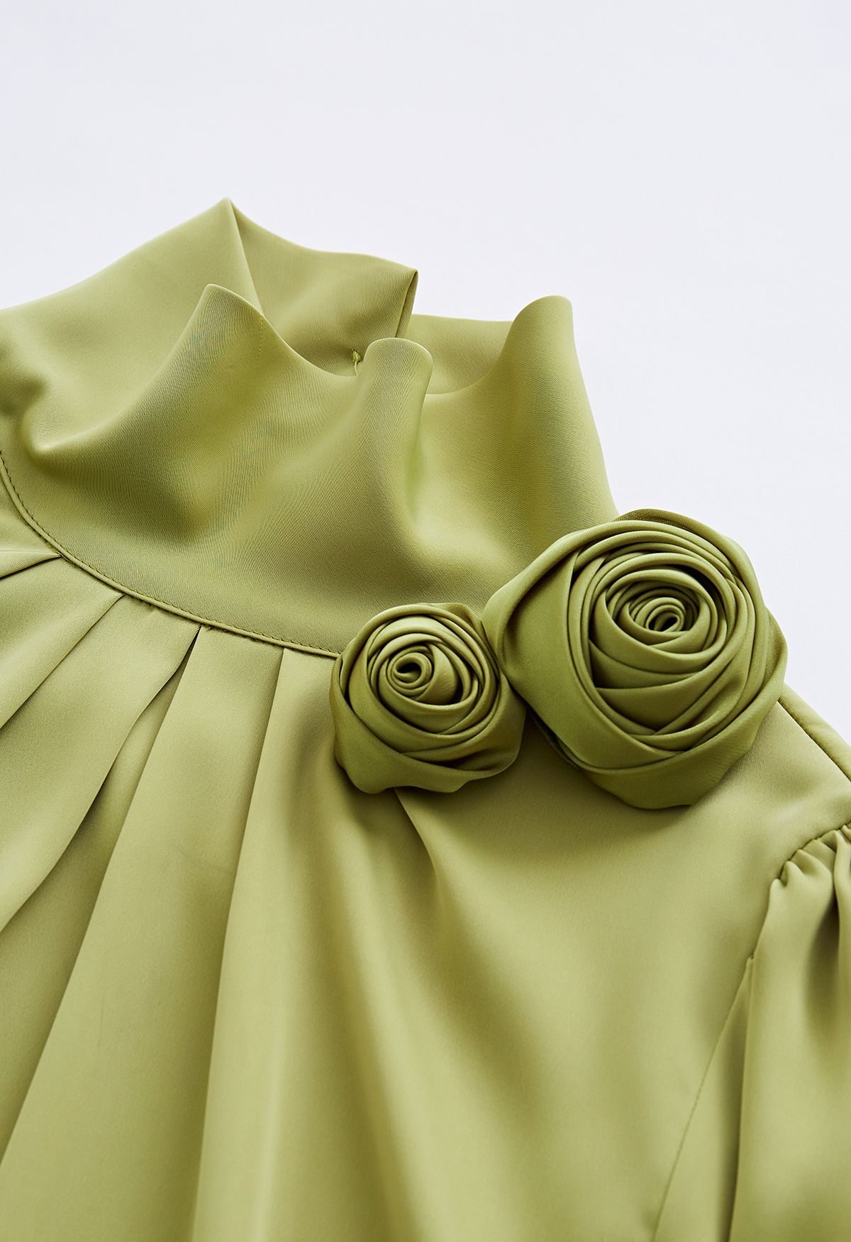 Rose Brooch Mock Neck Satin Shirt in Pistachio