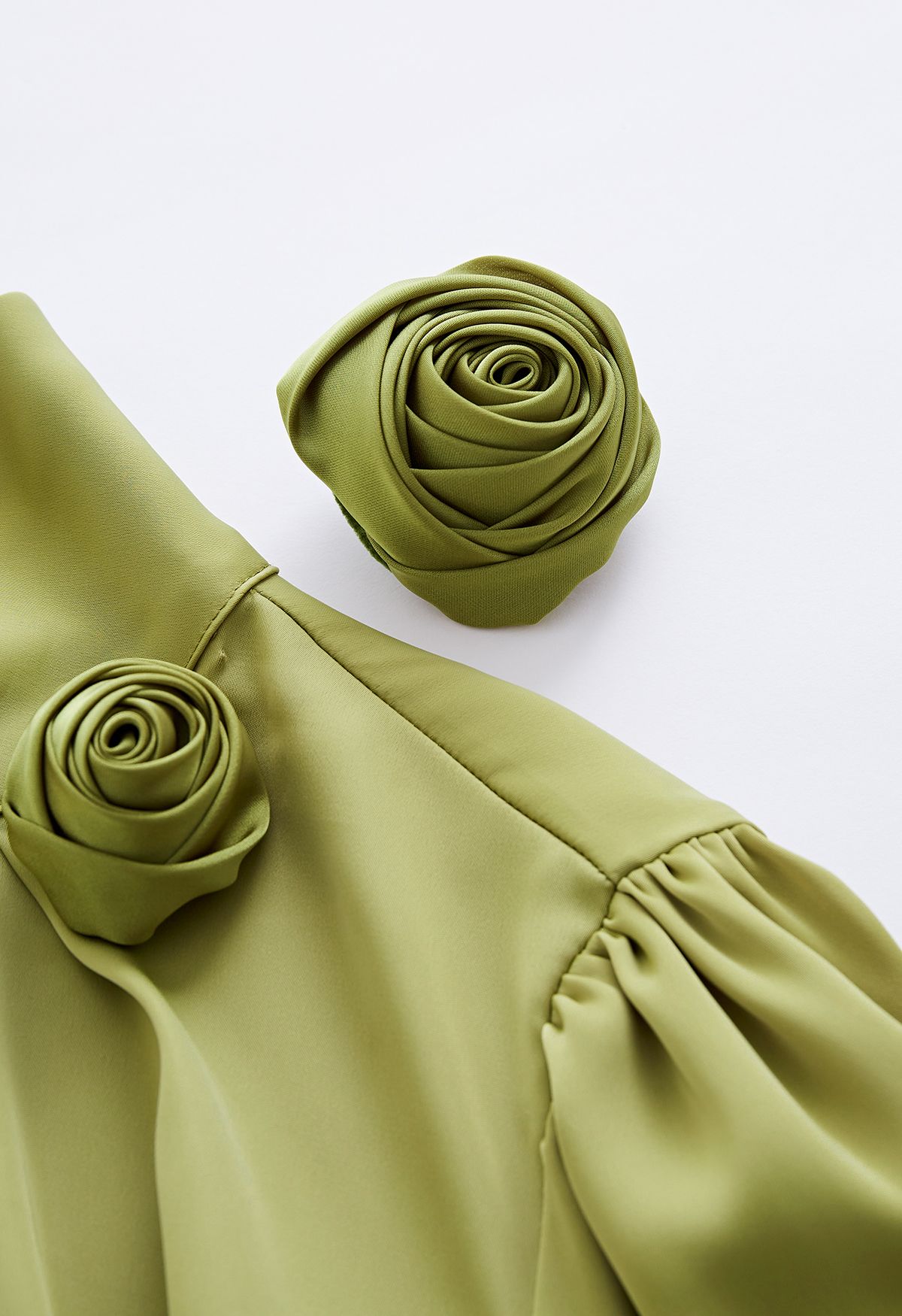 Rose Brooch Mock Neck Satin Shirt in Pistachio