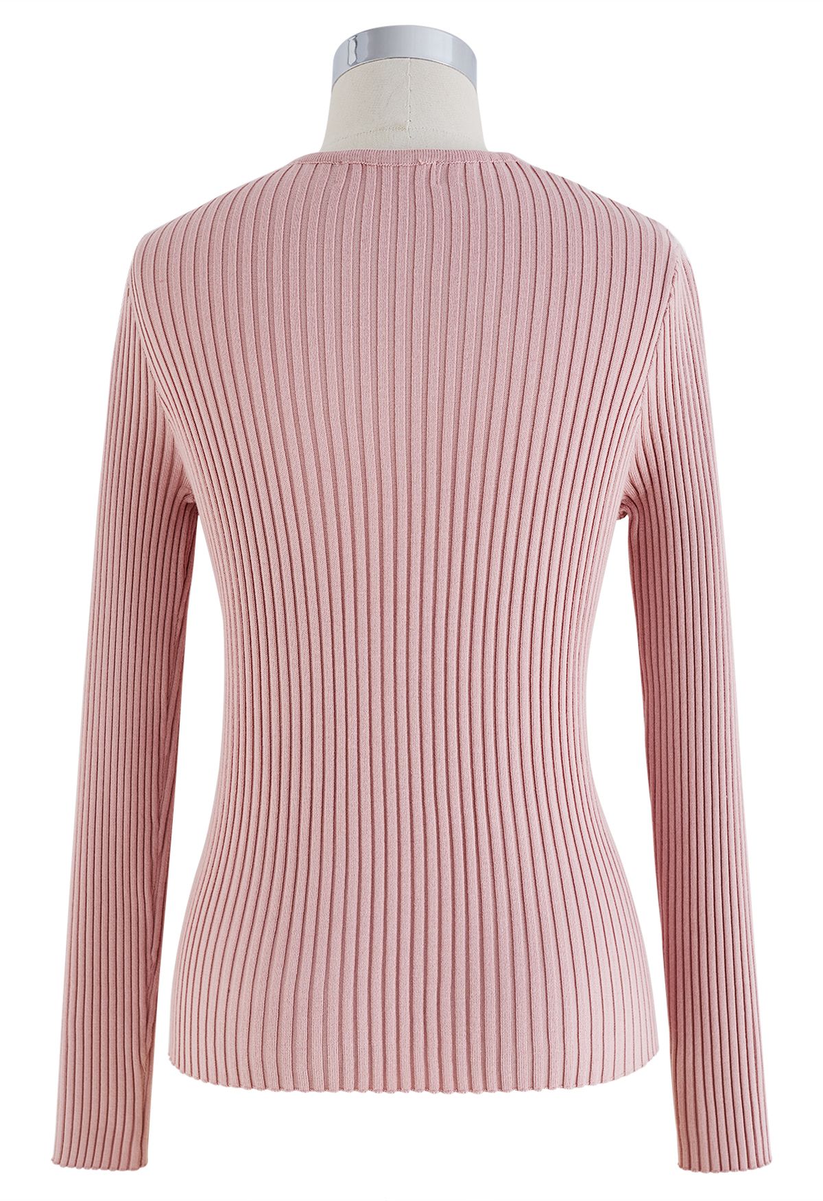 Two-Tone Crisscross Buttoned Ribbed Sweater in Pink