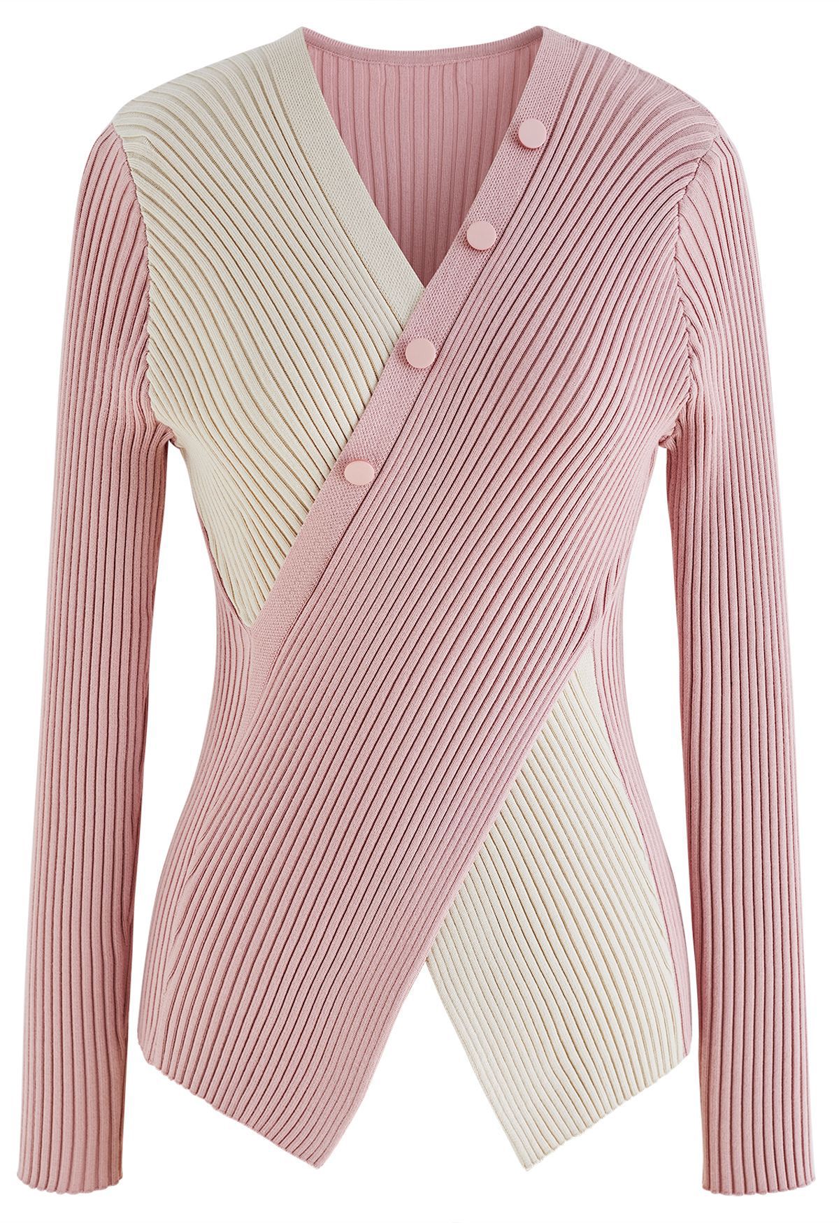 Two-Tone Crisscross Buttoned Ribbed Sweater in Pink