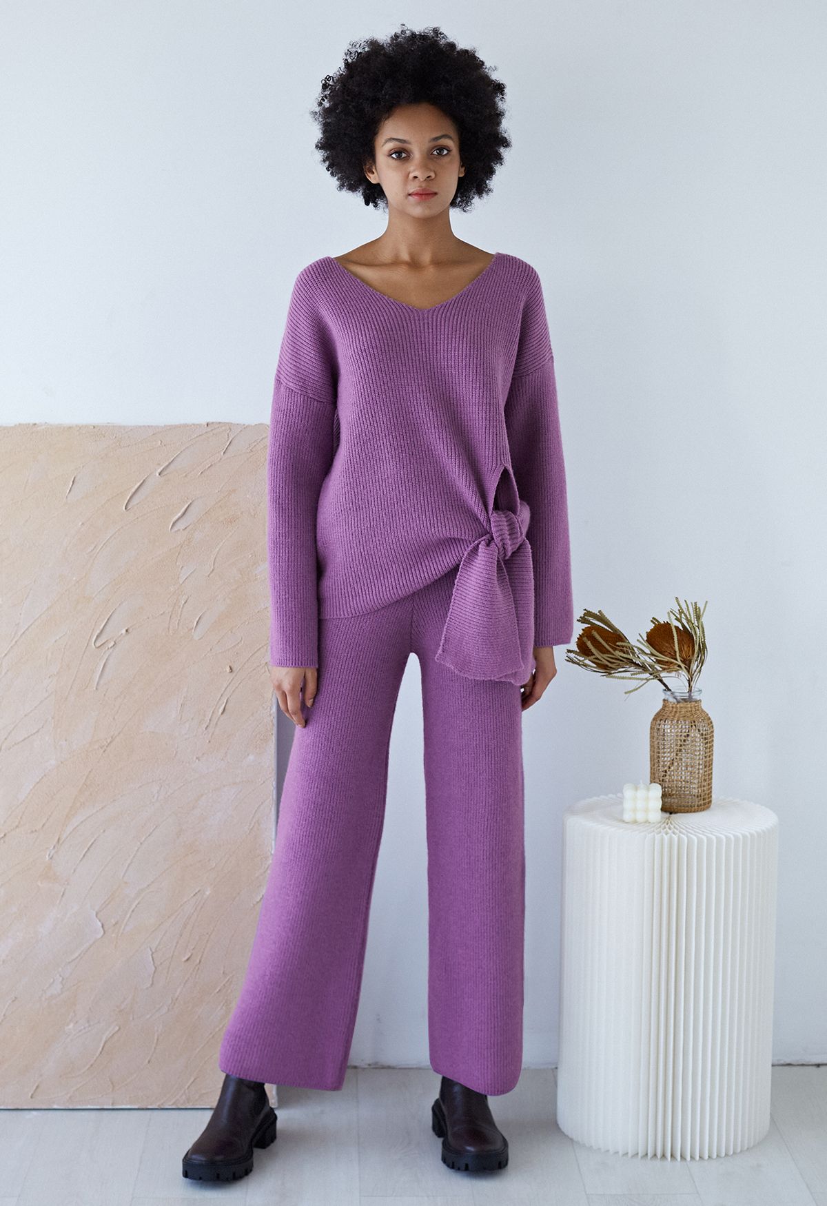 Side Knot Sweater and Straight Leg Pants Knit Set in Purple - Retro ...