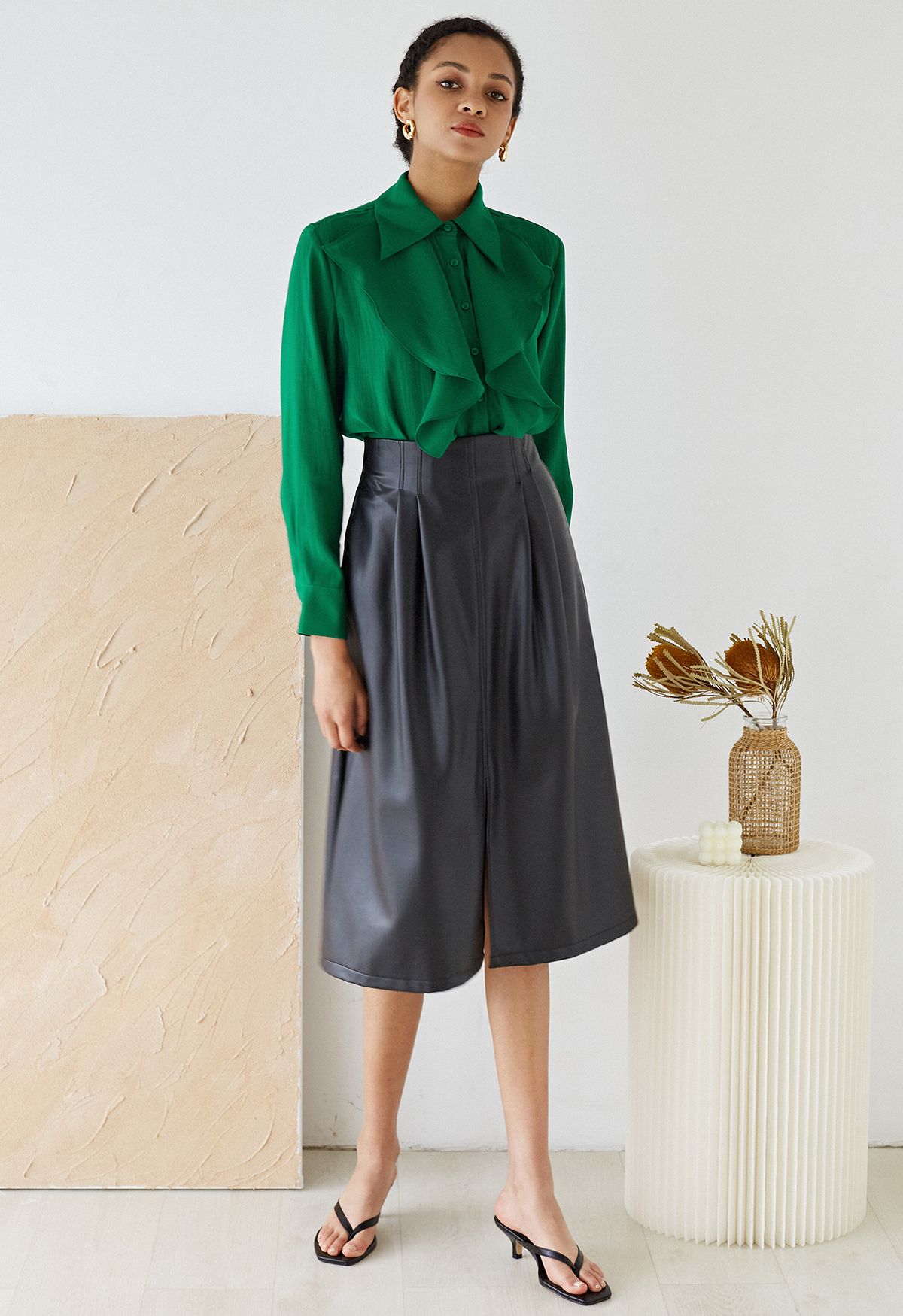 Side Vent Button Down Ruffle Shirt in Emerald