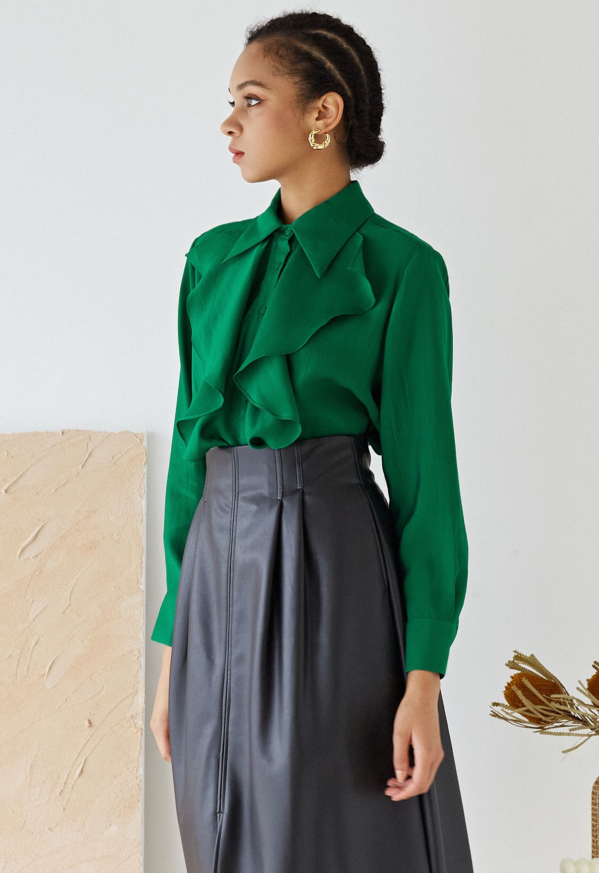 Side Vent Button Down Ruffle Shirt in Emerald