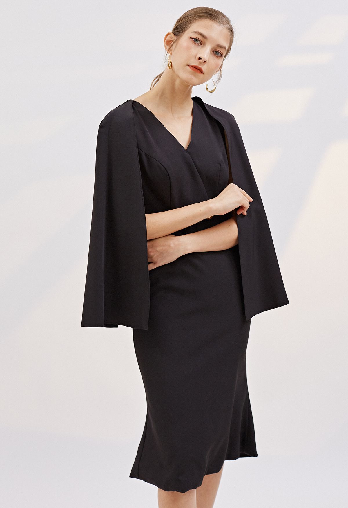 Kacey Illusion-Sleeve Cape Gown