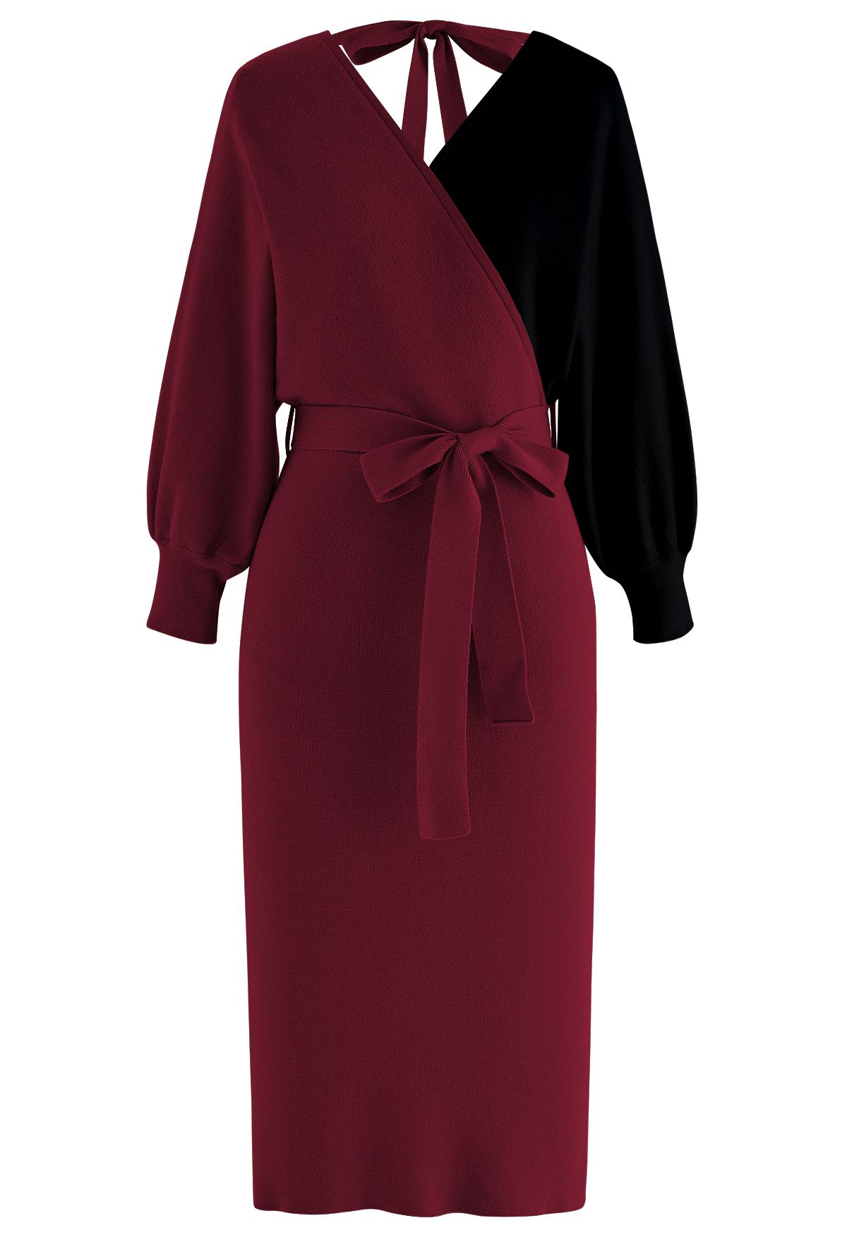 Tie Bow Two-Tone Knit Wrap Midi Dress in Burgundy