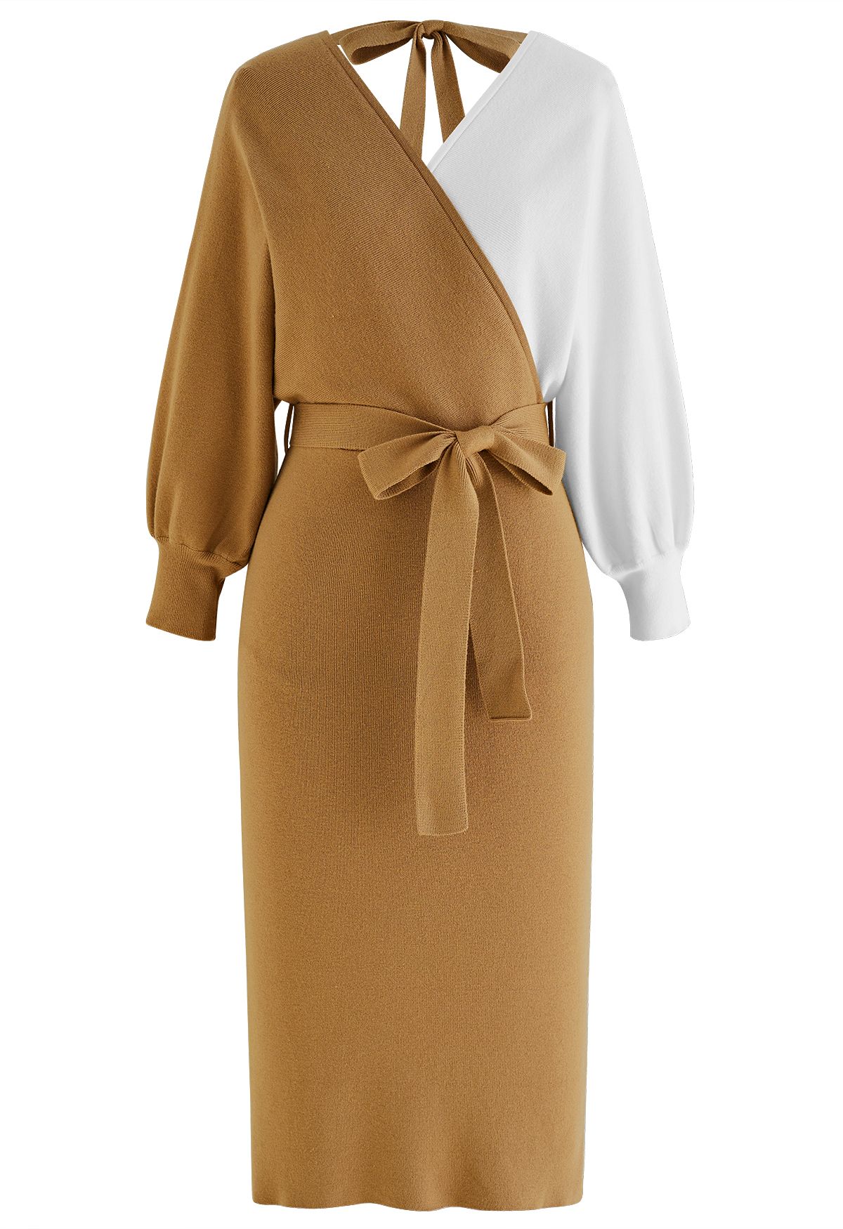 Tie Bow Two-Tone Knit Wrap Midi Dress in Caramel