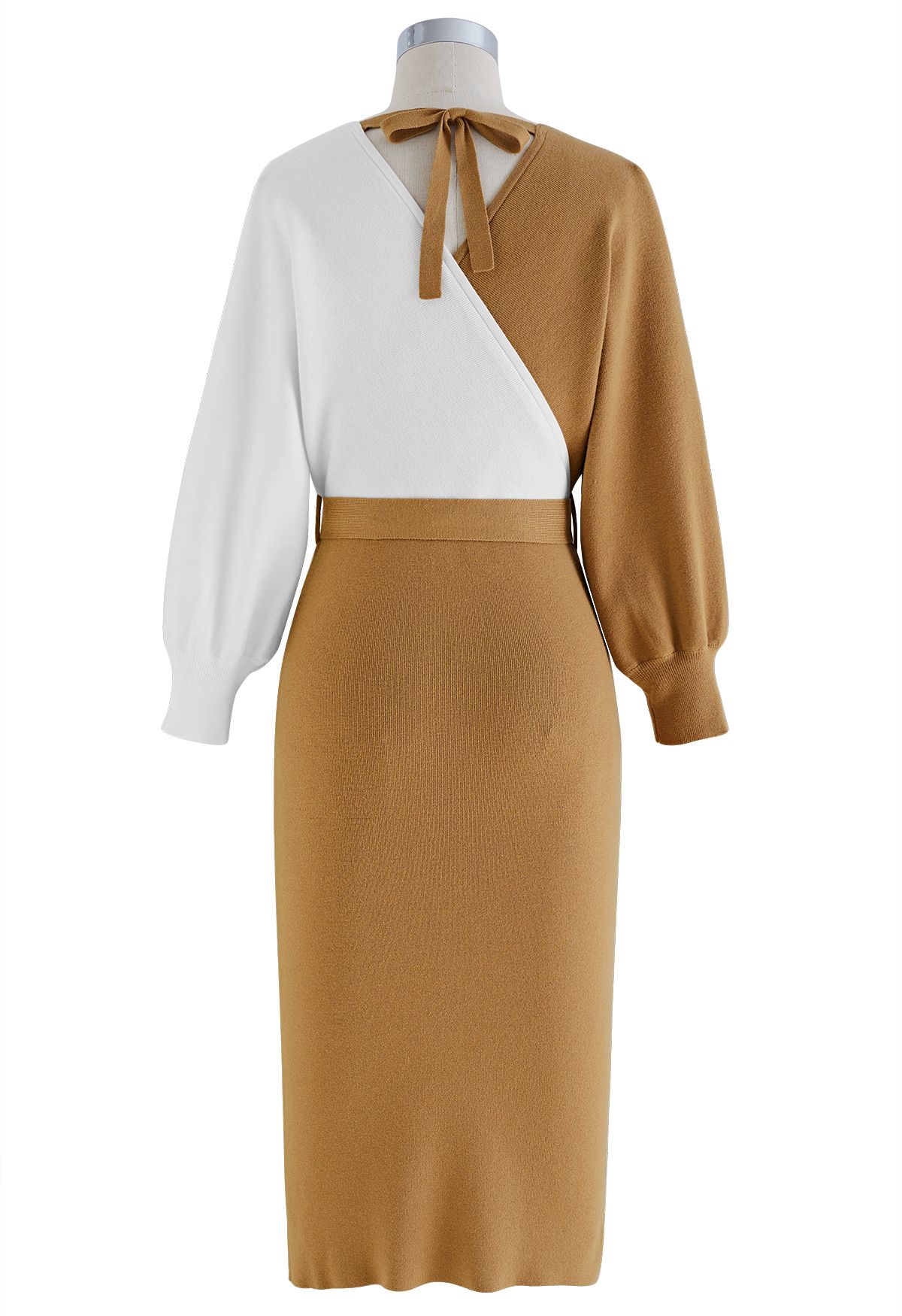 Tie Bow Two-Tone Knit Wrap Midi Dress in Caramel