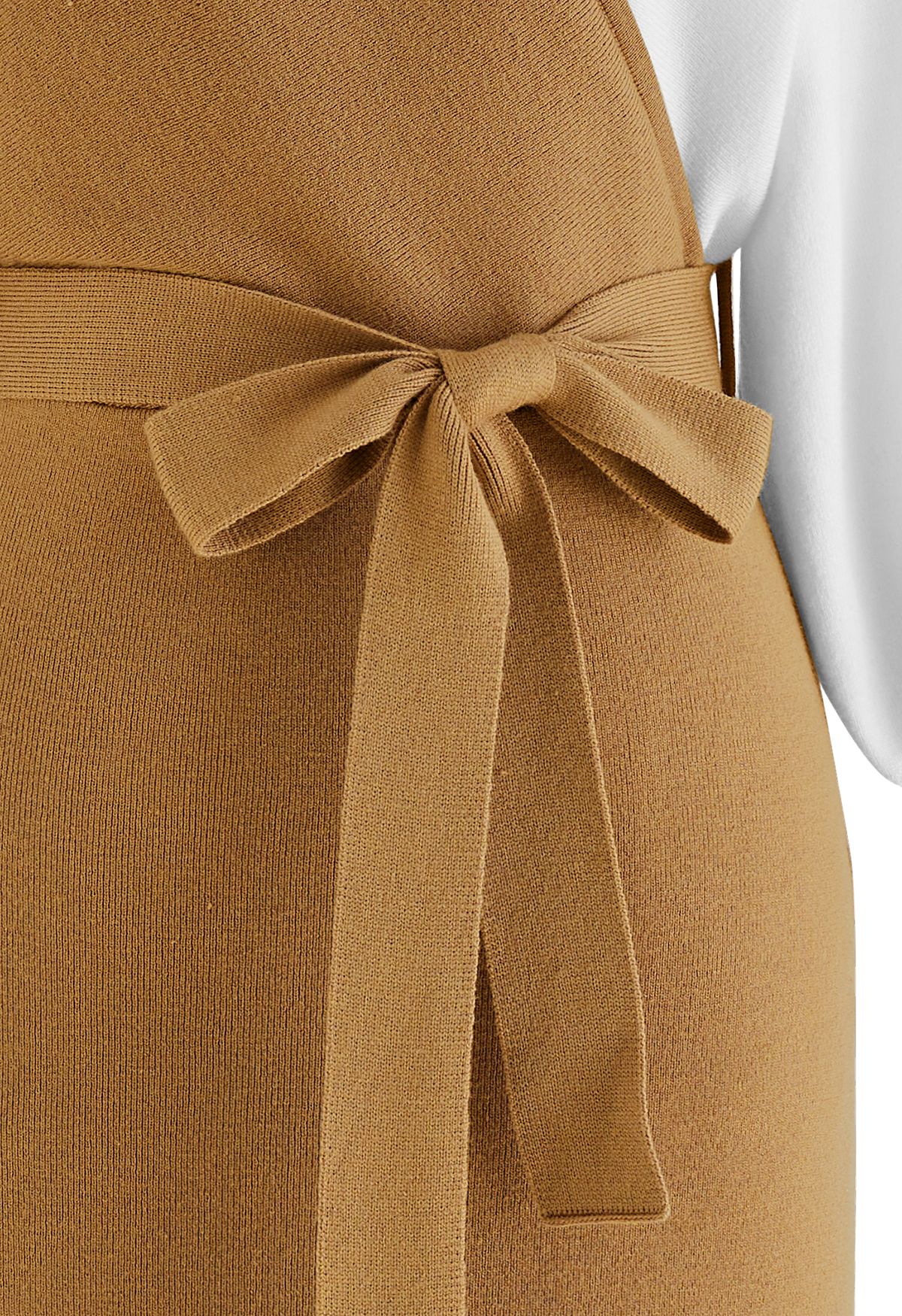 Tie Bow Two-Tone Knit Wrap Midi Dress in Caramel