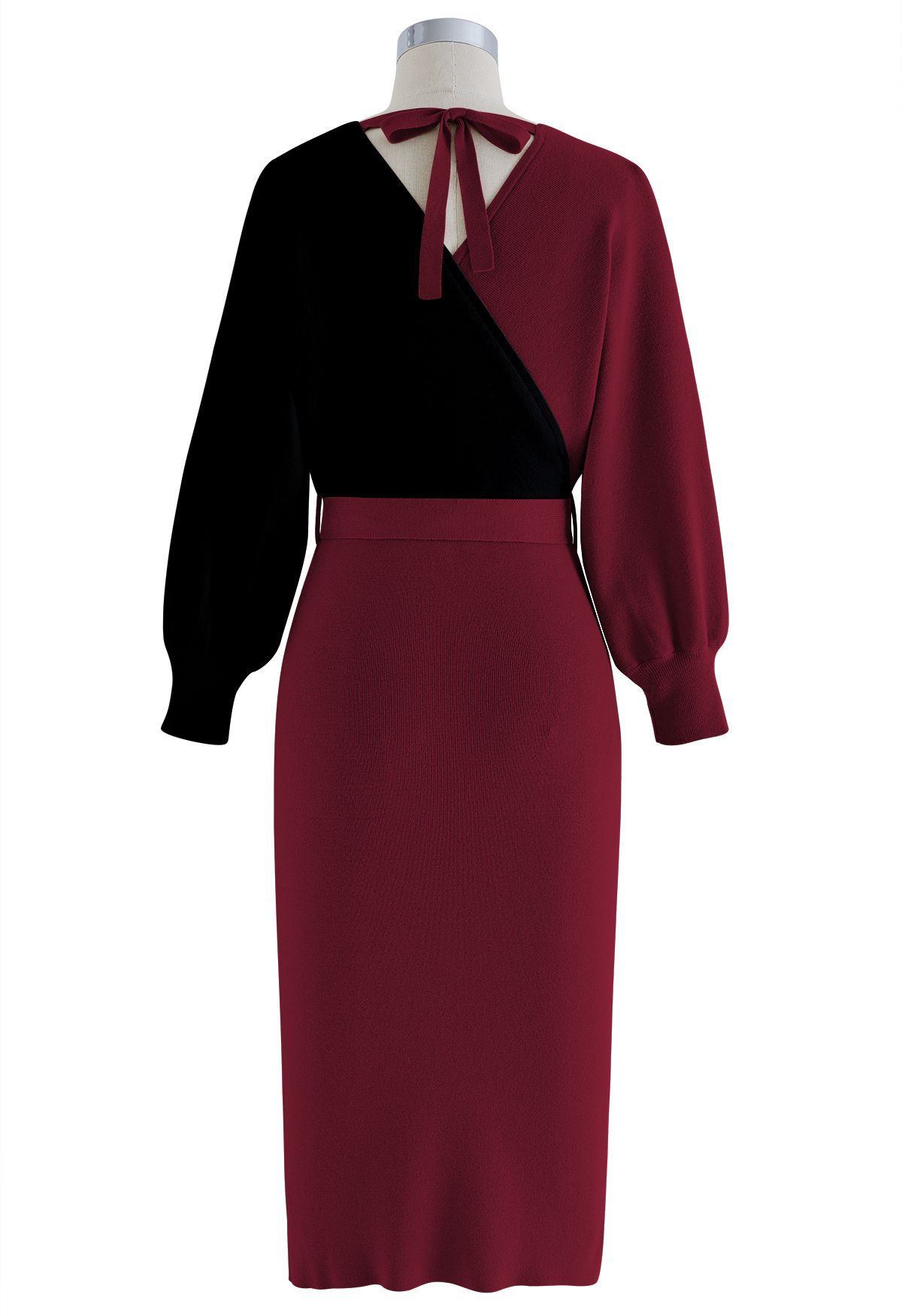 Tie Bow Two-Tone Knit Wrap Midi Dress in Burgundy