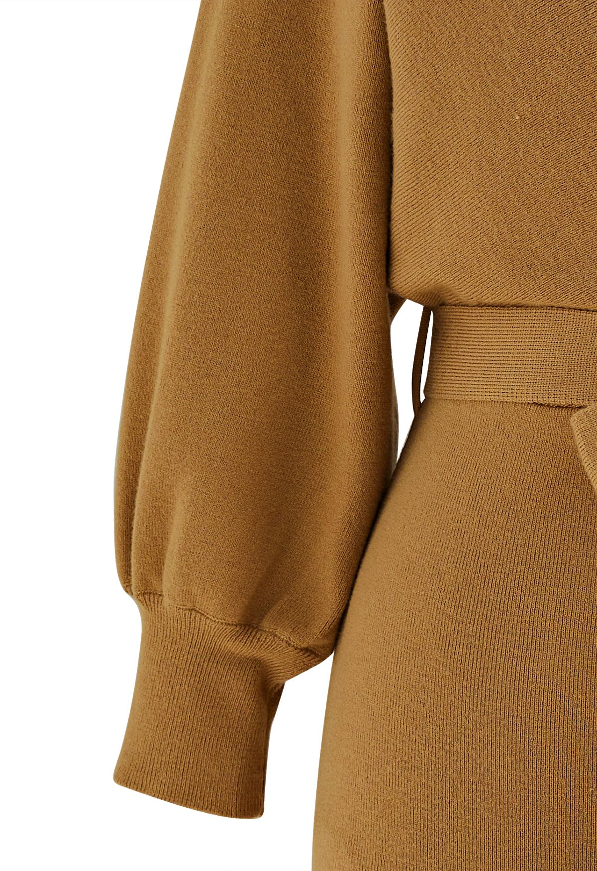 Tie Bow Two-Tone Knit Wrap Midi Dress in Caramel