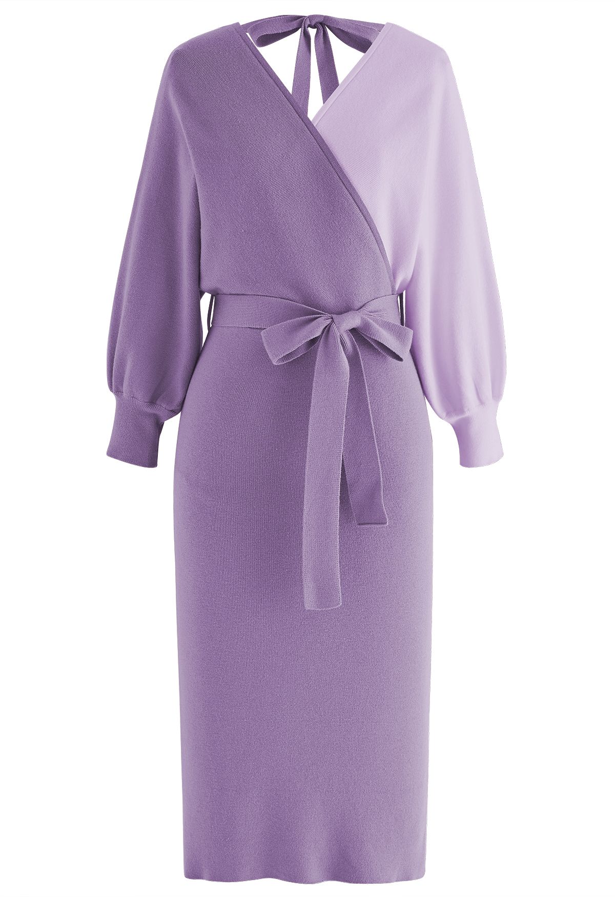 Tie Bow Two-Tone Knit Wrap Midi Dress in Lilac