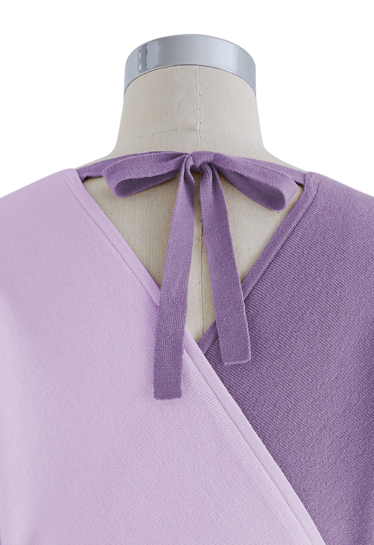 Tie Bow Two-Tone Knit Wrap Midi Dress in Lilac