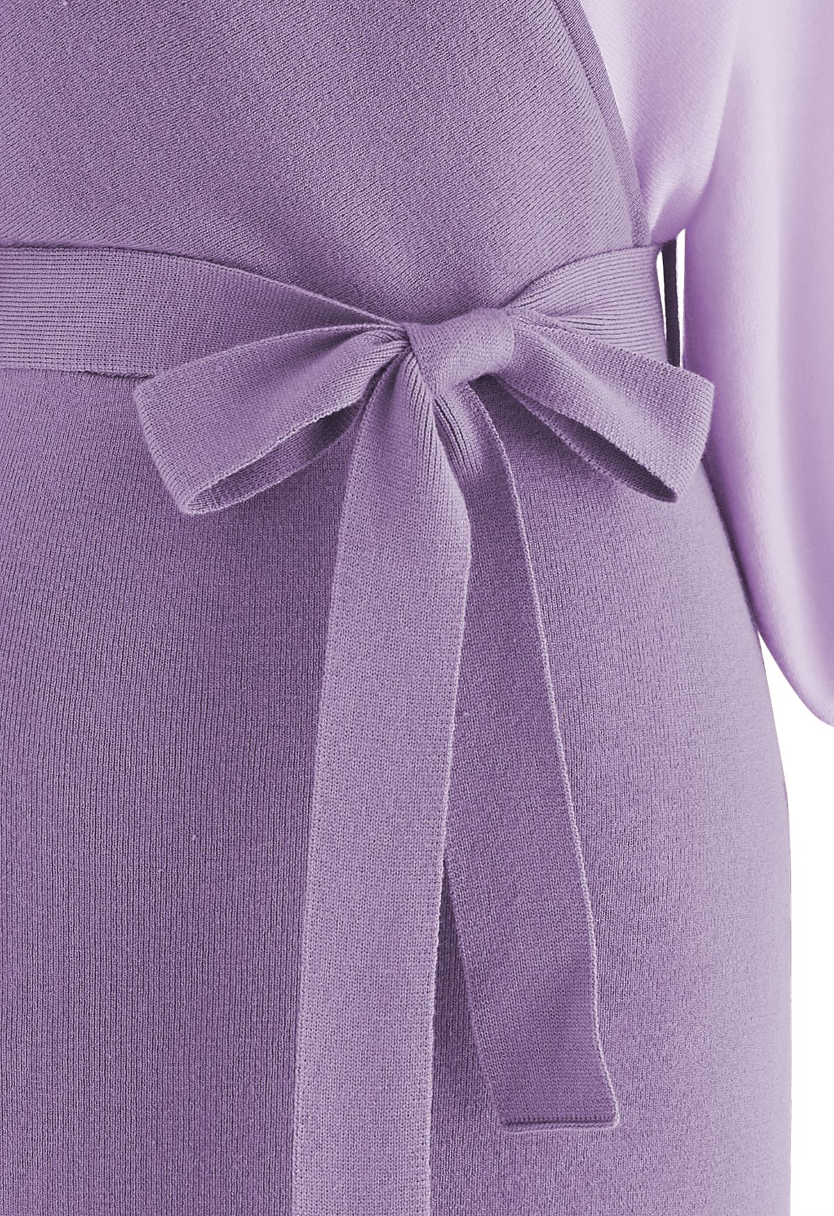 Tie Bow Two-Tone Knit Wrap Midi Dress in Lilac